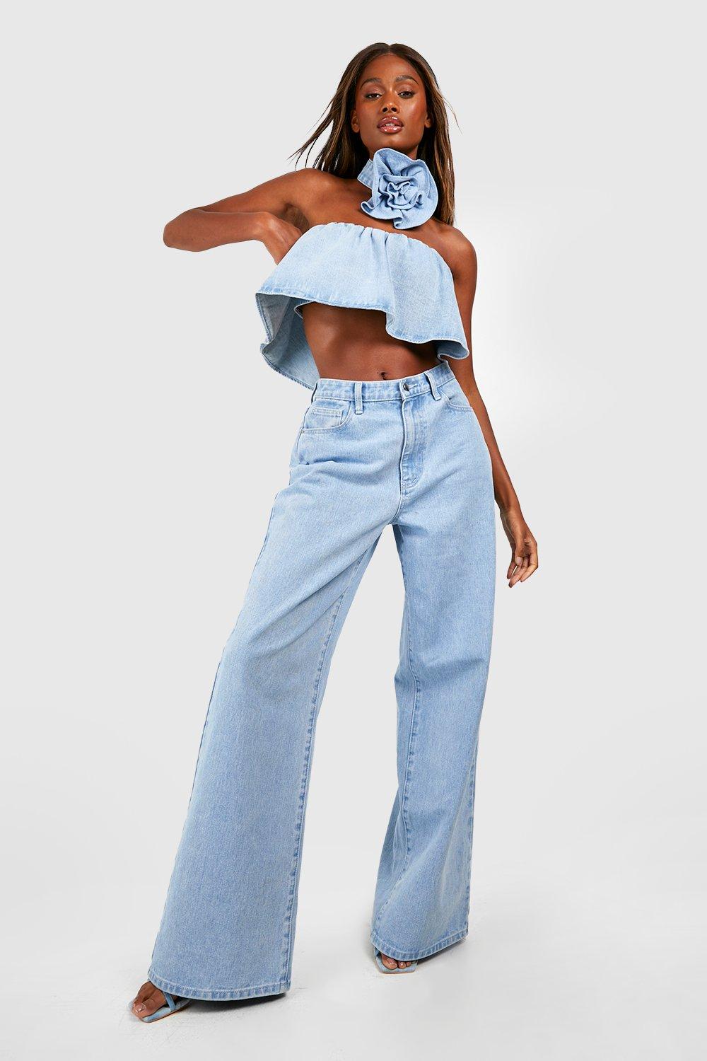 Ruffle Denim Tube Top With Rose Corsage boohoo USA